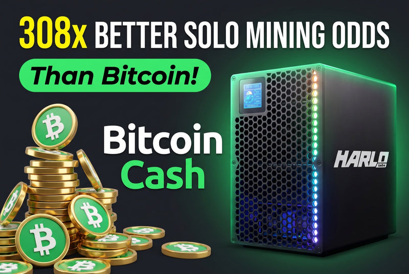 308x better solo mining odds than Bitcoin: a pile of green Bitcoin Cash coins next to a Harlo B30 home miner.