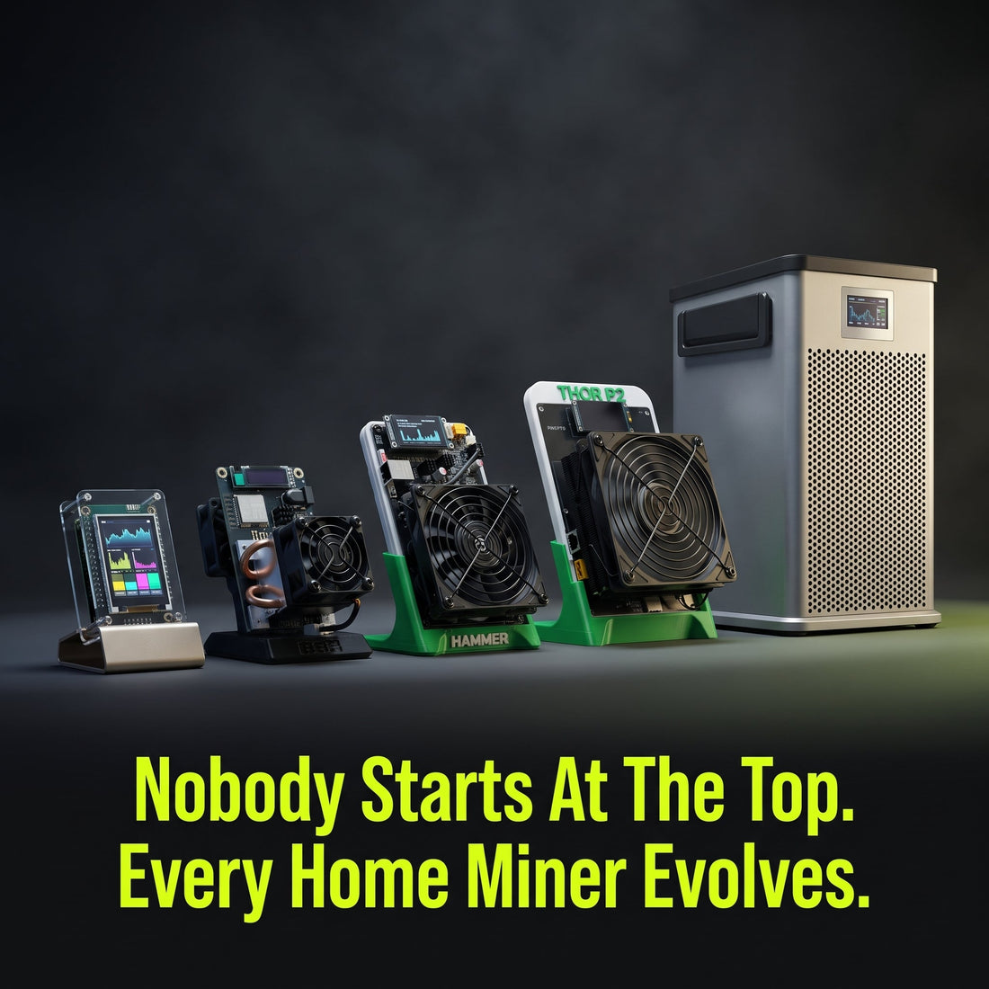 Five home Bitcoin miners lined up smallest to largest, from a pocket sized board to the Magic Miner 40T tower