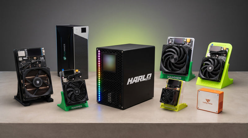 A fleet of the home Dogecoin miners sold at HeliumDeploy, left to right: NEXUS L1, Fluminer L3, Hammer Miner DC04, Harlo H15 Dual in the centre, Hammer Miner DC08, Hammer Miner DC02 HeliumDeploy Edition, Hammer Miner DC06 and Lucky Miner LG07.