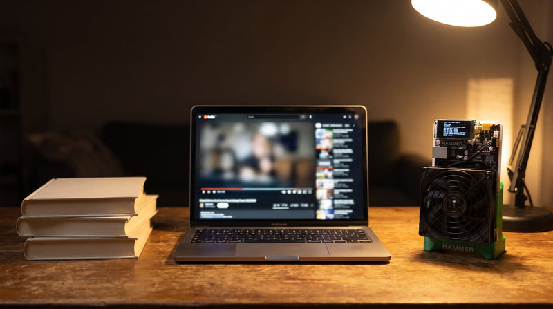 A desk with a stack of books, a laptop playing a long video, and a small Hammer BC04 home Bitcoin miner.