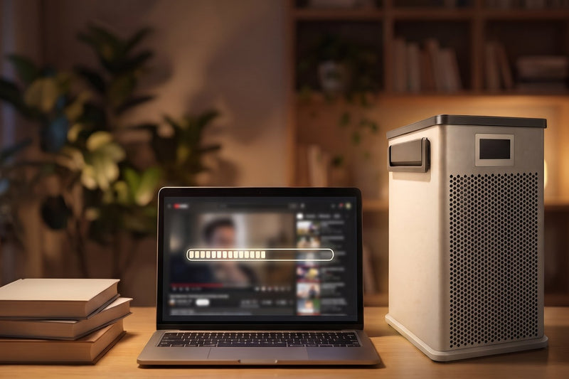 A desk with a stack of books, a laptop playing a long video, and a Magic Miner 40T home Bitcoin miner.