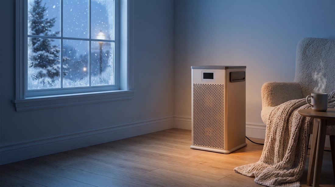 The Magic Miner 40T standing on a wooden floor in a cold living room at dusk, frost on the window and snow outside, its warm glow lighting an armchair and a knitted throw