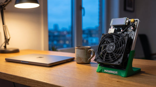 The Hammer Miner BC04 on its green stand on an oak desk at dusk, beside a closed laptop and a mug, lamp light and a blue city window behind