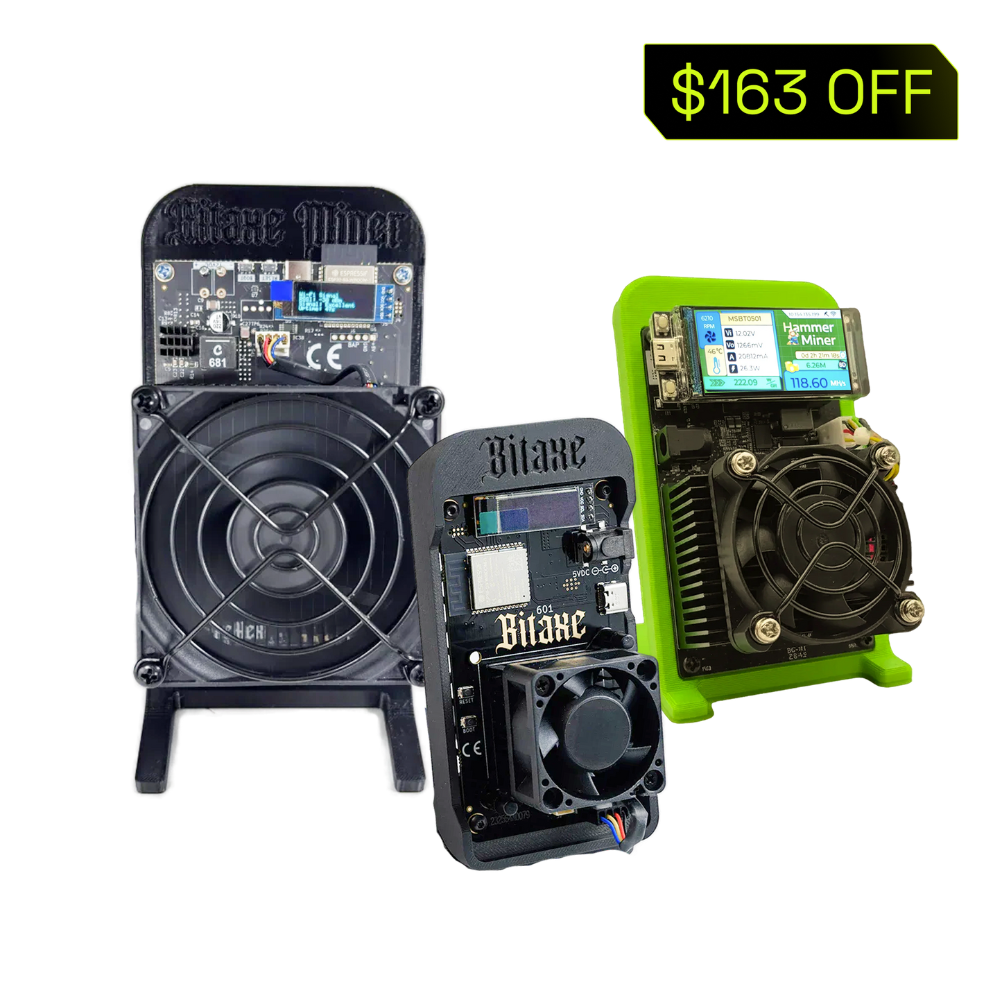 Bundle 3: Bitaxe Supra Hex (4.2TH/s), Bitaxe Gamma (1.2TH/s), Hammer Miner (105MH/s)