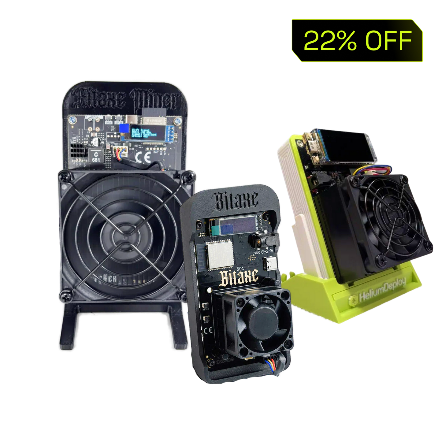 Bitaxe Supra Hex (4.2TH/s), Bitaxe Gamma (1.5TH/s) and Hammer Miner (105MH/s)