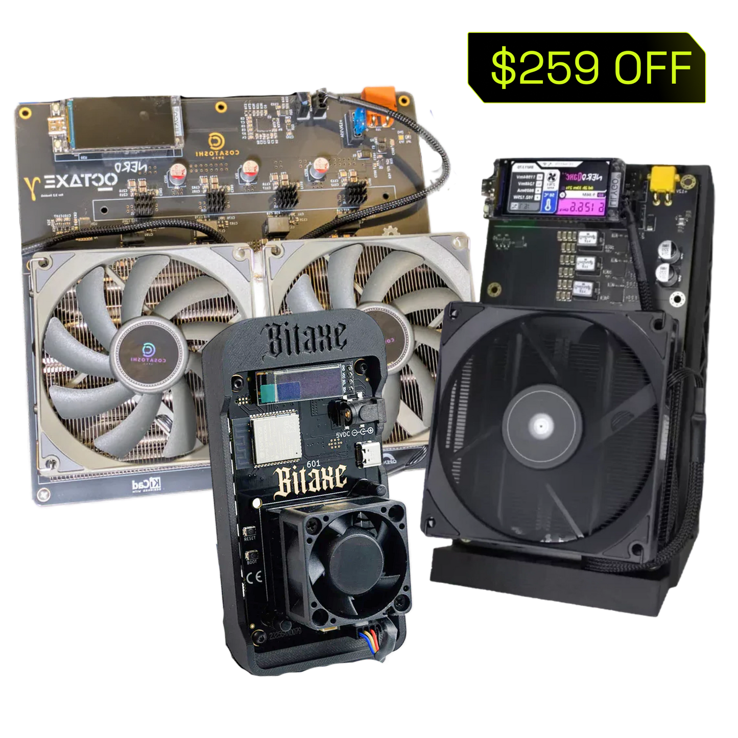 NerdOctaxe (12TH/s), NerdQaxe++ (6TH/s) and Bitaxe Gamma (1.2TH/s)