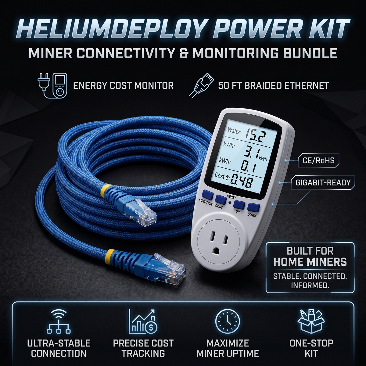 HeliumDeploy Power Kit — energy cost monitor and 50 ft braided ethernet cable