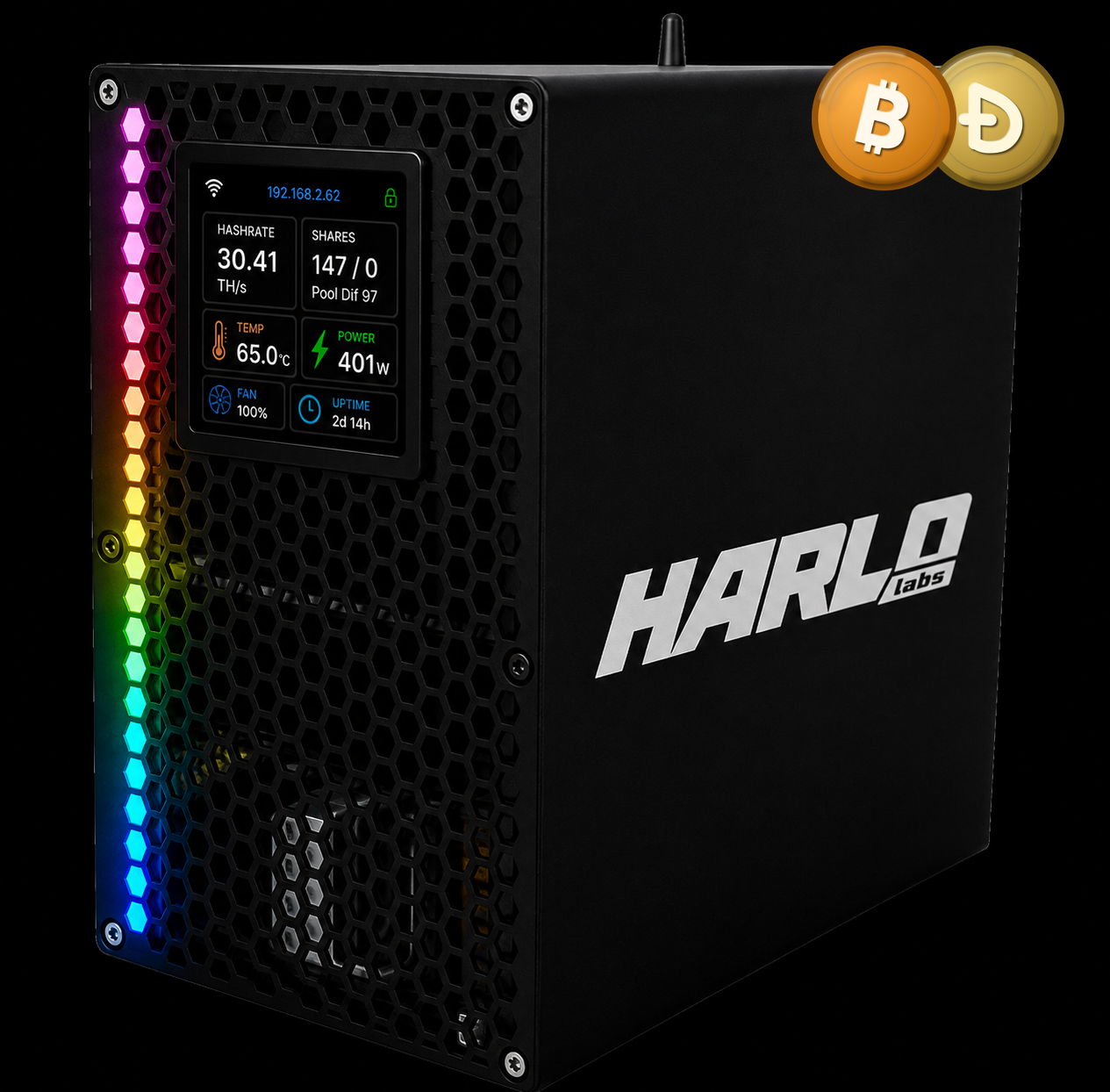 Harlo B30 Dual home miner with Bitcoin and Dogecoin coins