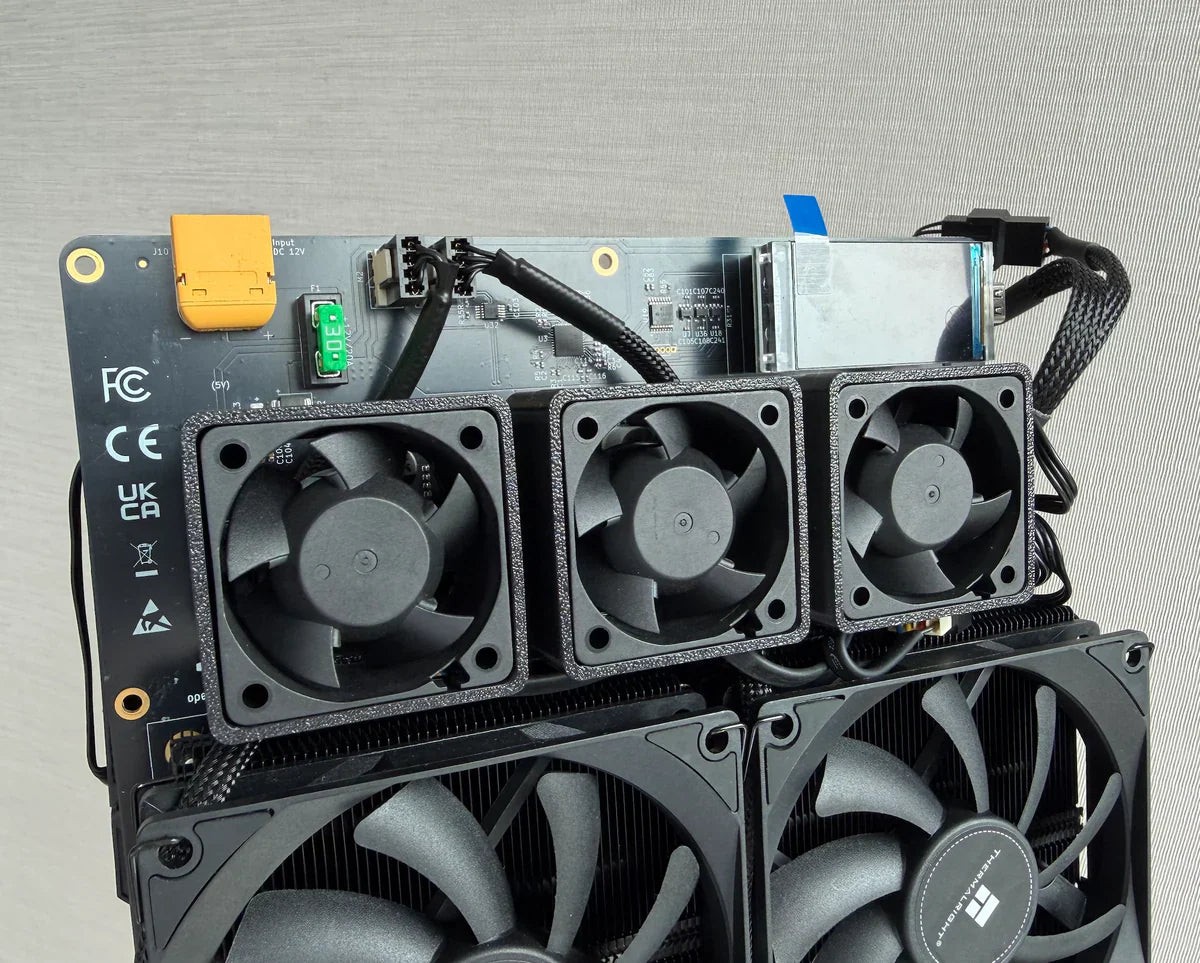 Triple front VRM cooling fans on the BSB NerdOctaxe board